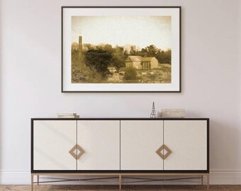 Englische Landschaft, Wohnkultur, Landschaftskunst, Englisches Dorf, Landschaftsdruck, Englischer Kunstdruck, Queen Elizabeth II, Sepia Art