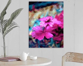 May include: A rectangular wall art print featuring an impressionistic painting of vibrant magenta flowers. The artwork displays thick, textured brushstrokes in shades of deep blue, teal, and golden yellow, creating a dynamic and colorful floral composition.