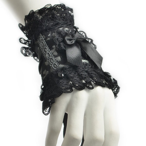 Little Cuff with Bow and Black glass crystals - Black Fashion bracelet, Elegant wrist Wedding Jewelry, Lolita goth Accessories, Fabric cuff