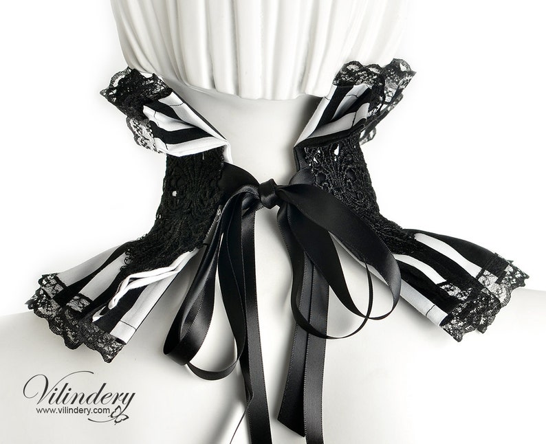Choker with blackwhite stripes Cute Victorian fantasy jewelry Collar with purple glass crystals and chains Gothic Wedding neck corset