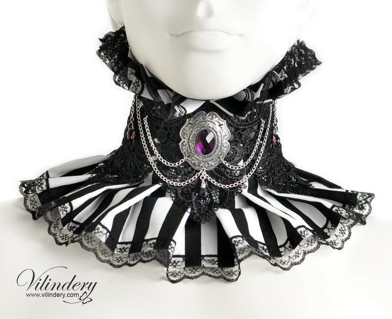 Choker with blackwhite stripes Cute Victorian fantasy jewelry Collar with purple glass crystals and chains Gothic Wedding neck corset