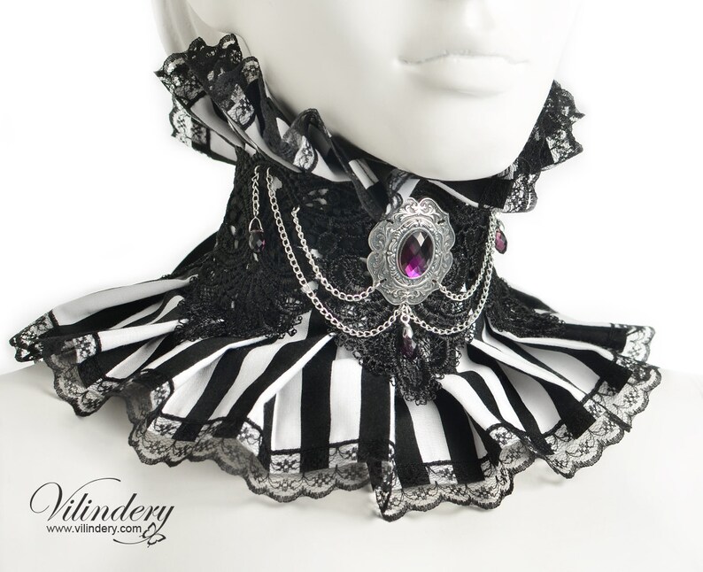 Choker with blackwhite stripes Cute Victorian fantasy jewelry Collar with purple glass crystals and chains Gothic Wedding neck corset