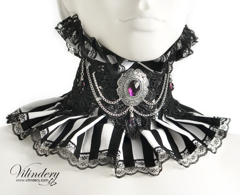 Choker with blackwhite stripes Cute Victorian fantasy jewelry Collar with purple glass crystals and chains Gothic Wedding neck corset