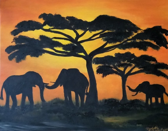 African Elephants of the Kalahari Desert an Original Oil in full color on  20x16x1 canvas