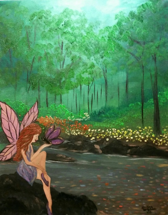 Fairy and Butterfly in a Forrest, an Original Oil in full color on 20x16x1 canvas