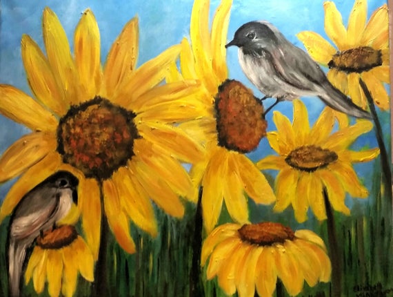 Brown Birds and Sunflowers an Original Oil in full color on  16x20x1 canvas
