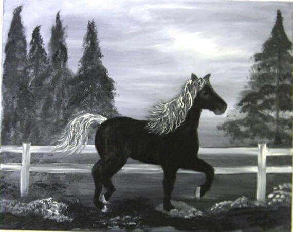 Prancing Pony an Original Oil on canvas 20x16x1 in Black and White