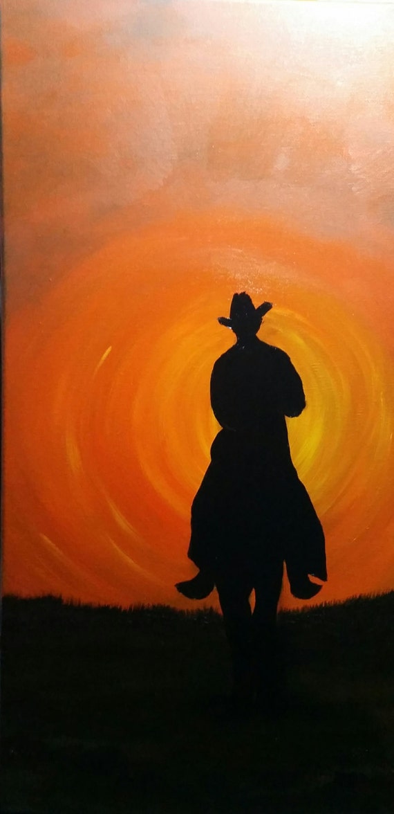 Cowboy Sunset an Original Oil in full color on 24x12x1 canvas