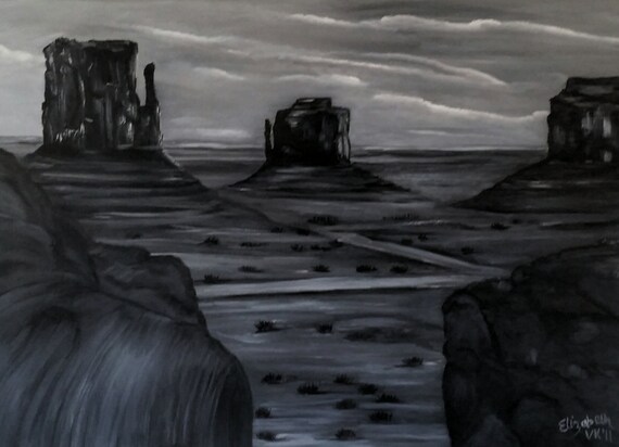 View of Monument Valley an Original Oil on canvas 24x18x1 in Black and White