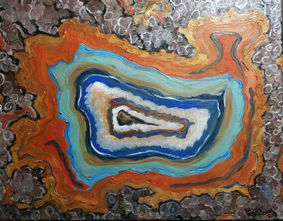 Orange and Blue Agate Slab an Abstract in Oil on 20x16x1 canvas