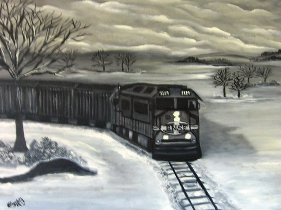 BNSF Train in the Snow an Original Oil on canvas 24x18x1 in Black and White