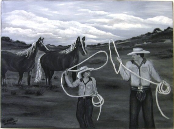 Cowboy Way an Original Oil on canvas 24x18x1 in Black and White