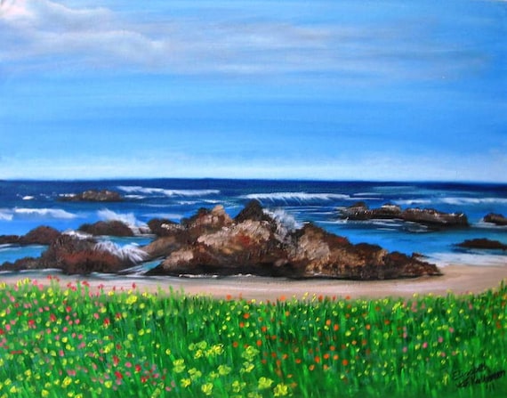 Wildflowers at the Pacific Ocean an Original Oil in full color on 20x16x1 canvas