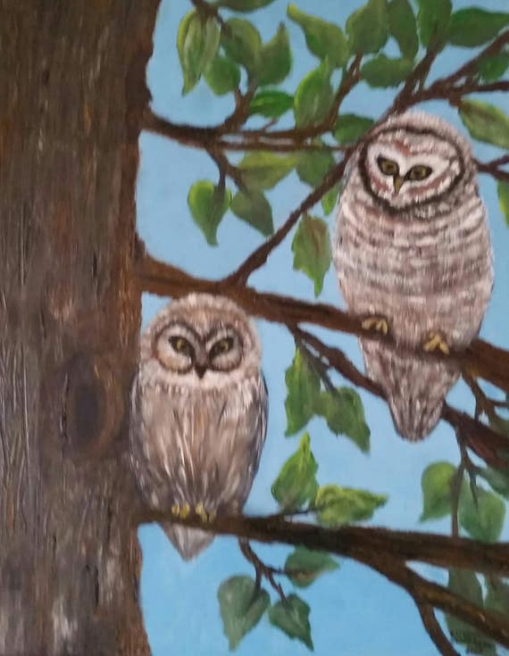 Owls in a Tree an Original Oil in full color on  16x20x1 canvas