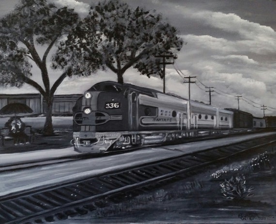 Santa Fe Locomotive Coming into the station, an Original Oil on canvas 20x16x1 in Black and White