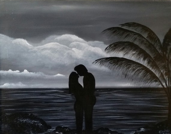 A Kiss on the Beach an Original Oil on canvas 20x16x1 in Black and White
