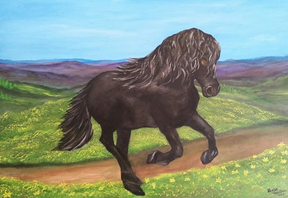 Black Horse Galloping  an Original Oil in full color on 24x36x1 canvas