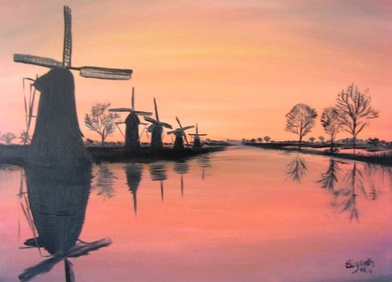 SOLD...Zaanse Schans Windmills at Sunset an Original Oil in full color on  24x18x1 canvas