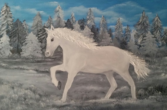 White Horse Prancing in the Snow an Original Oil in full color on 24x36x1 canvas