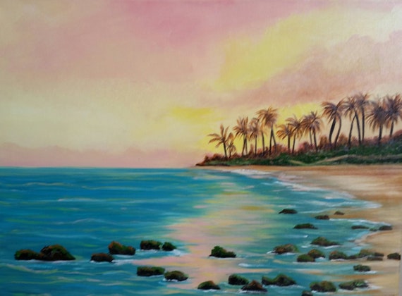 Tropical Sunset, Original Oil in full color on  24x18x1 canvas