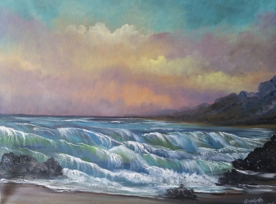 Turbulent Ocean Sunset an Original Oil in full color on  20x16x1 canvas