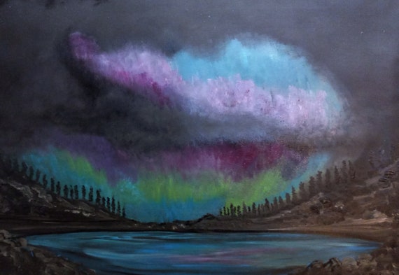 Aurora Borealis Lake View, an Original Oil in full color on 36x24x1 canvas
