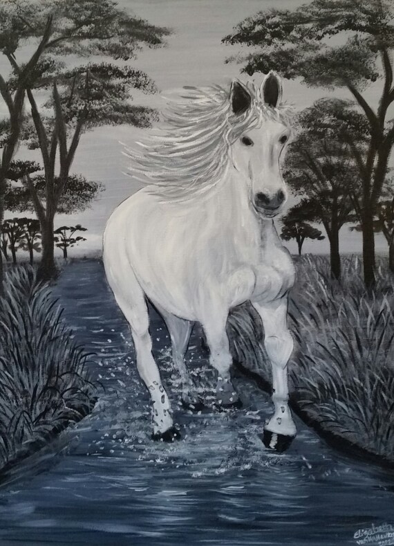 White Horse in Galloping in stream Oil on canvas 18x24x1 in Black and White