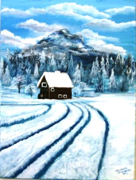 Cabin in the Snow an Original Oil in full color on 18x24x1 canvas