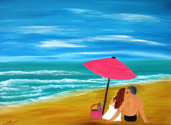 Lovers Kiss on a Beach an Original Oil in full color on  24x18x1 canvas