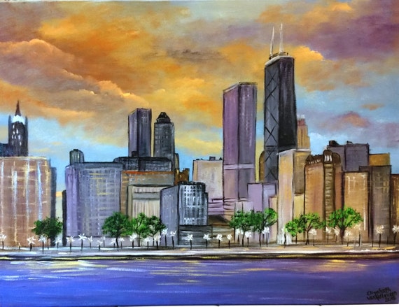 Chicago Skyline Sunset, SOLD, BUT you can still buy, An Original Oil in full color on 18x24x1 canvas