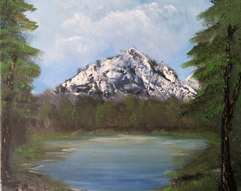 May include: A painting of a mountain lake scene with a snow-capped mountain in the background, a lake in the foreground, and trees on either side of the lake.