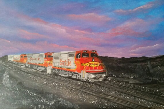 Santa Fe Train in High Dessert Sunset an Original Oil in full color on 24x36x1 canvas