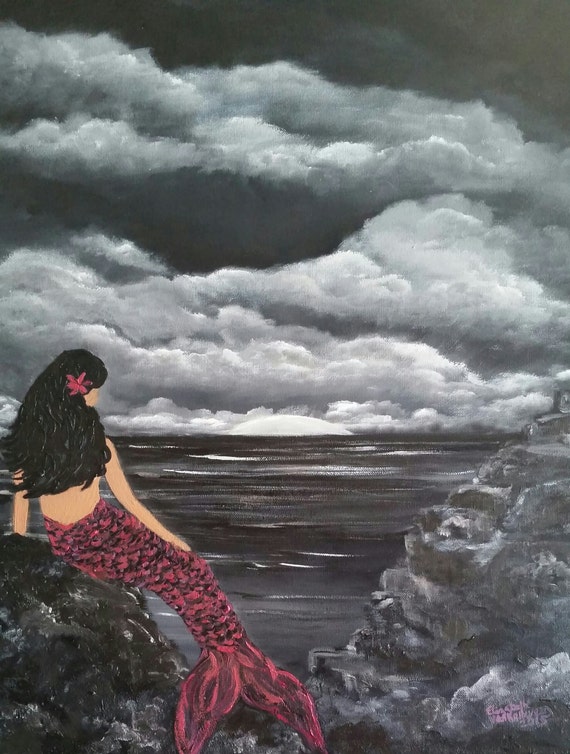 Mermaid on a Cloudy Night an Original Oil in full color on 24x18x1 canvas