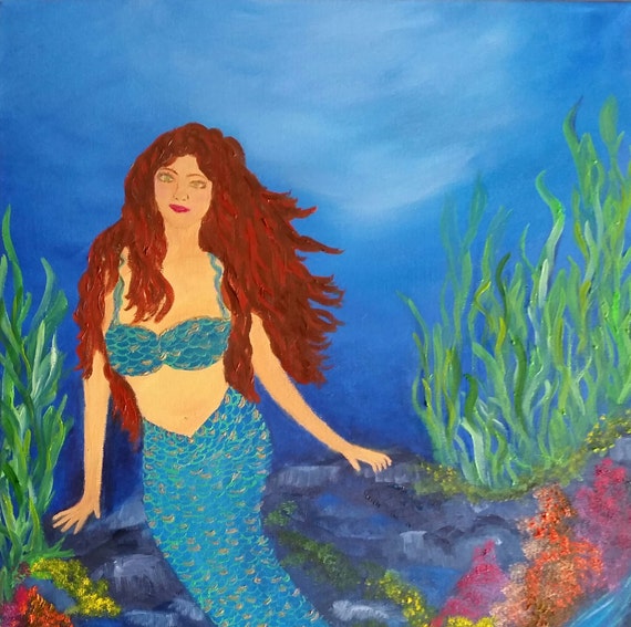 Mermaid under the sea an Original Oil in full color on 24x18x1 canvas