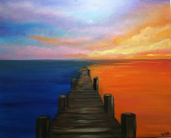 Sunset on the Pier, Original Oil in full color on 20x16x1 canvas