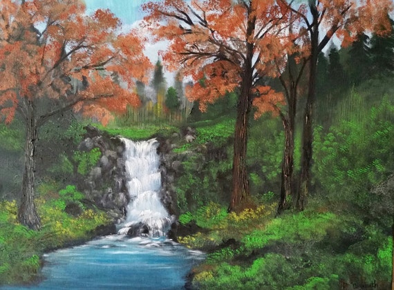 Fall Waterfall, Original Oil in full color on 24x18x1 canvas