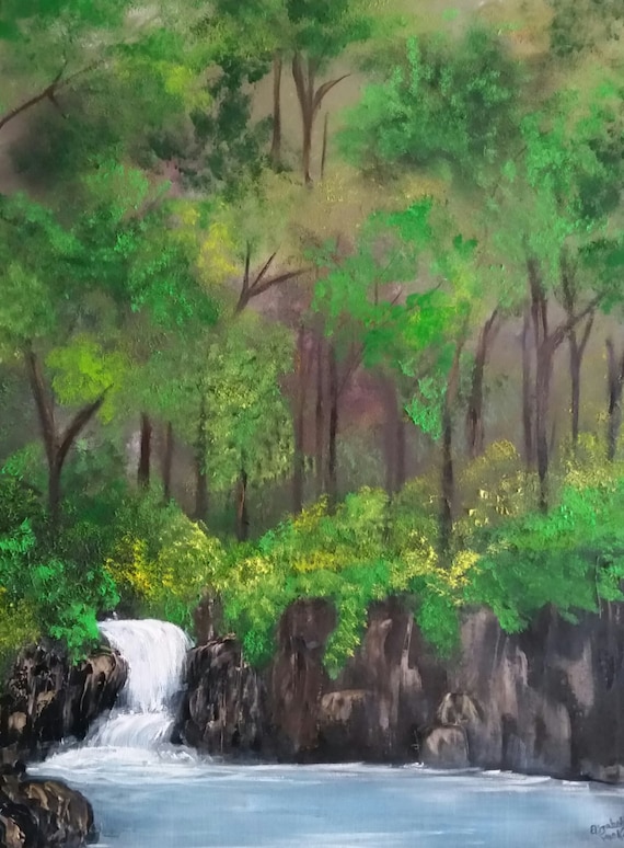 Summer Waterfall an Original Oil on canvas 24x18x1 in Full Color