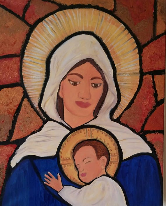 Madonna and Child, Stained Glass Oil painting on 16x20x1 canvas