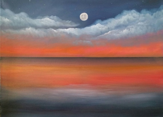 Moonlit Ocean Sunset an Original Oil in full color on  24x18x1 canvas