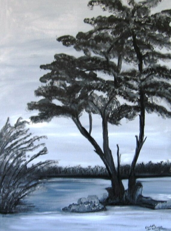 Monterey Pine on a Winters Day in Black and White Oil on 18x24x1