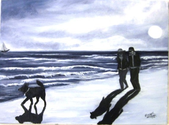 Walk on the Beach an Original Oil on canvas 24x18x1 in Black and White