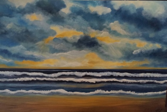 Cloudy Golden Sunset, Original Oil in full color on 24x36x1 canvas