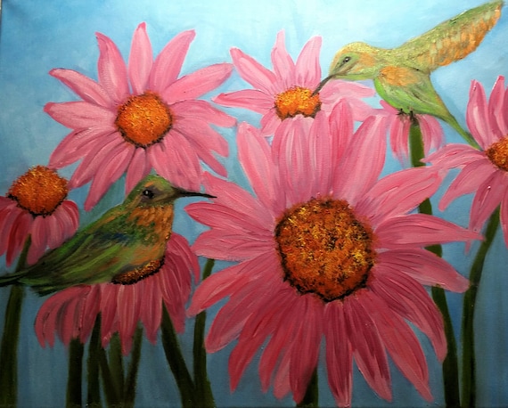 Humminbirds and Pink Daisy's, Original Oil in full color on 20x16x1 canvas
