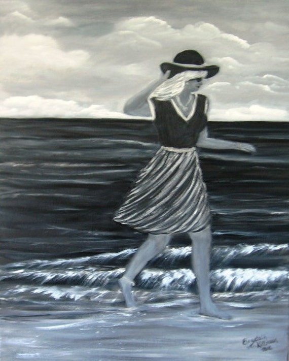 Windy Day at the Beach an Original Oil on canvas 16x20x1 in Black and White