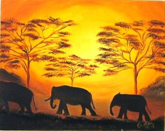 May include: Silhouettes of three elephants walking across a grassy plain at sunset. The sky is a vibrant orange and yellow, with two trees in the background.