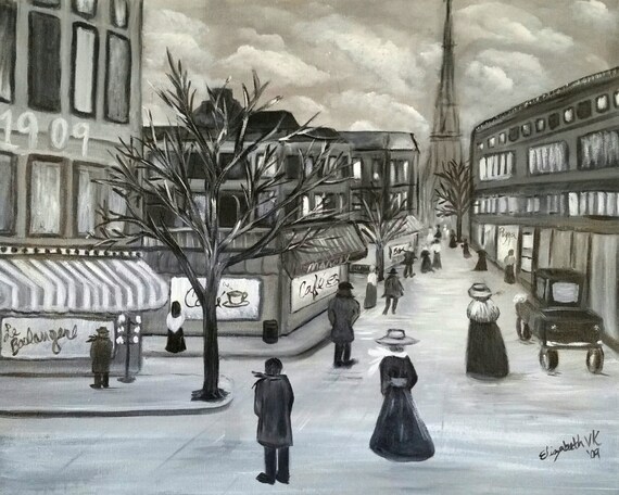 Paris Street in the 1900s, an Original Oil in black and white on 20x16x1 canvas