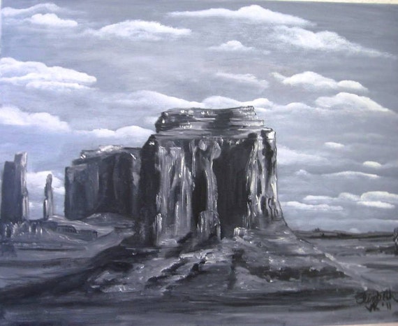 Merrick Butte an Original Oil on canvas 20x16x1 in Black and White