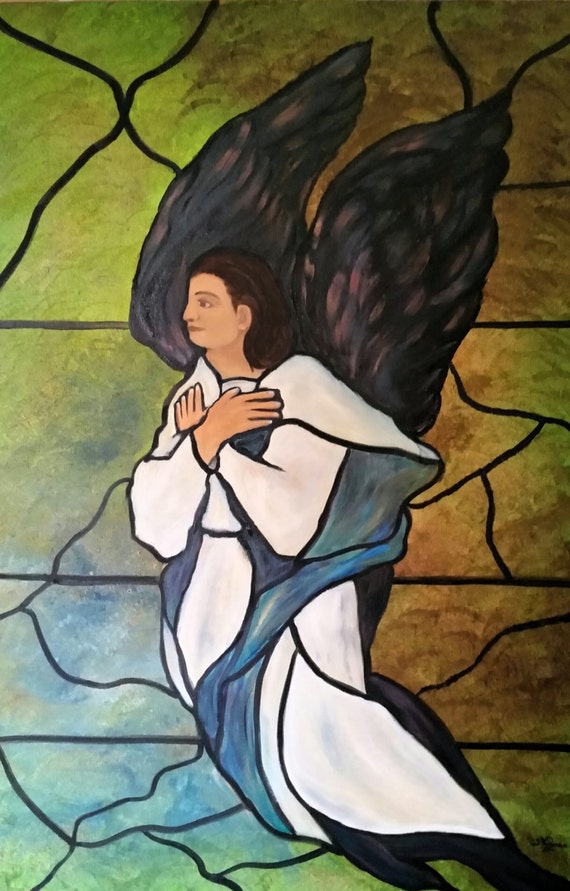 Angel, Original Oil painting made to look like stained glass on 36x24x1 canvas