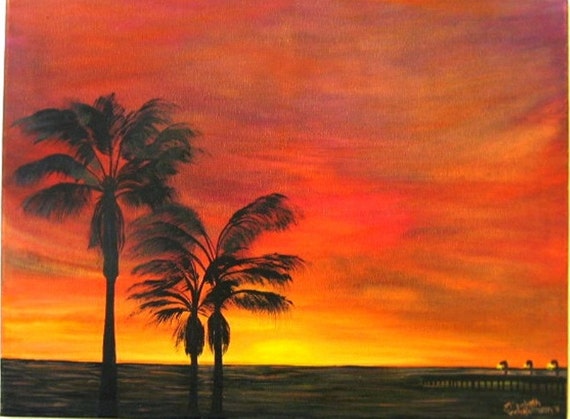 Palm Trees in the Sunset an Original Oil in full color on  24x18x1 canvas