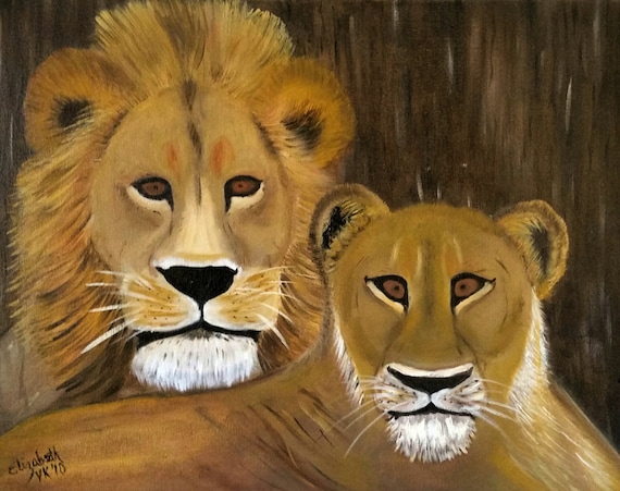 Lion and Lioness Portrait, an Original Oil in full color on 20x16x1 canvas